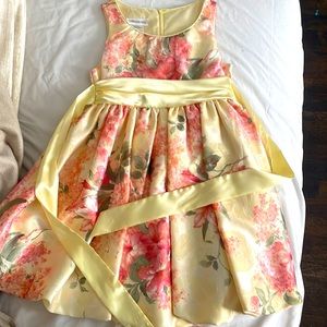 Girls spring floral dress yellow with coral and pink flowers